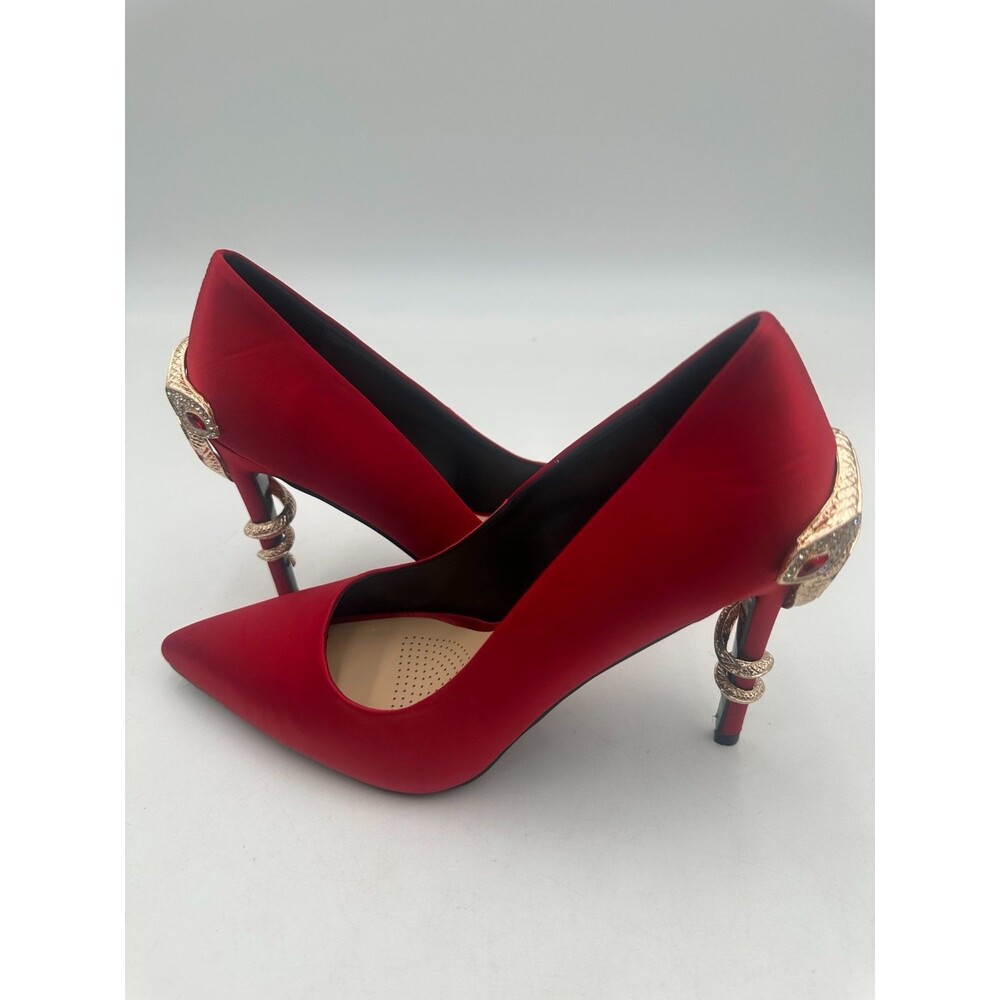 Azalea Wang Red Satin Pointed Toe Stiletto Gold Snake Wrapped Sexy Heel Size 10